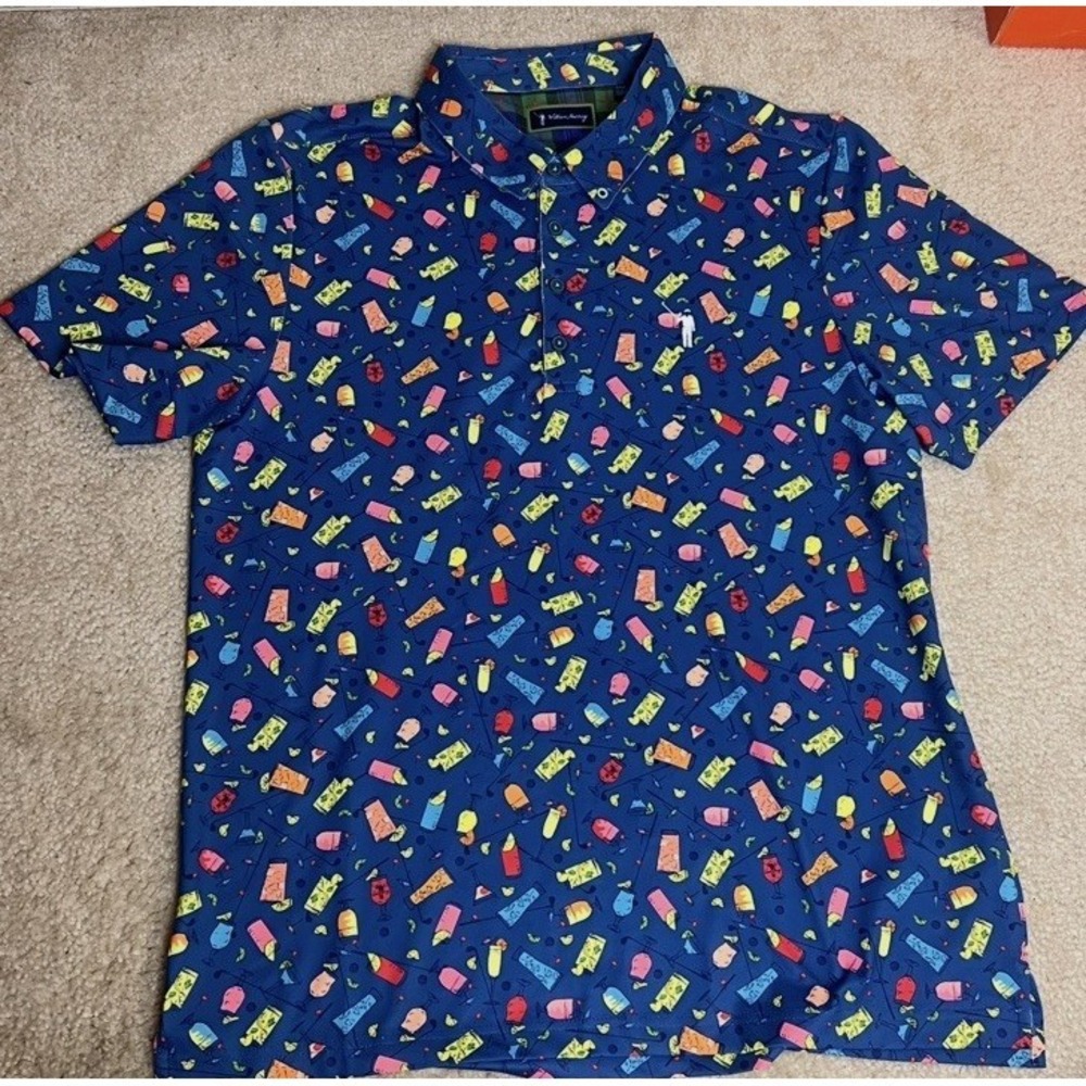William Murray Golf Mens Large Polo Shirt Navy Cocktail Drink Print Performance